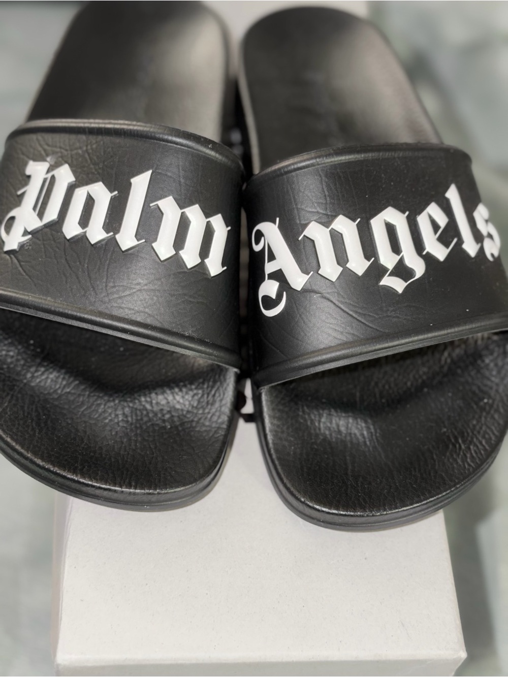 Palm Angels Gray Shoe Box with Black Text Label
